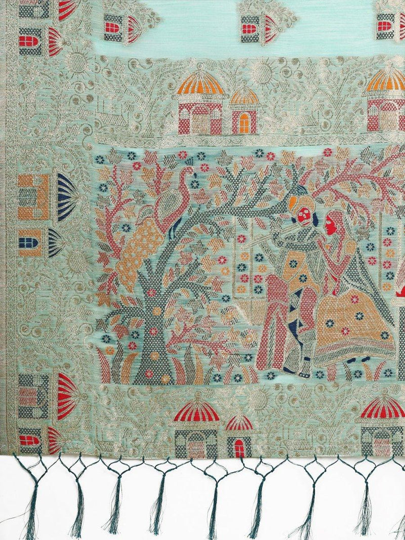 Sky Blue Linen Cotton Saree With Blouse Piece - EZBER