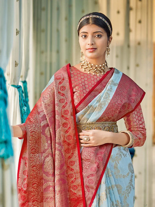 Sky Blue Linen Cotton Saree With Blouse Piece - EZBER