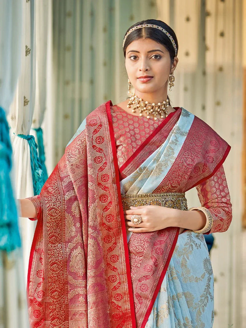 Sky Blue Linen Cotton Saree With Blouse Piece - EZBER