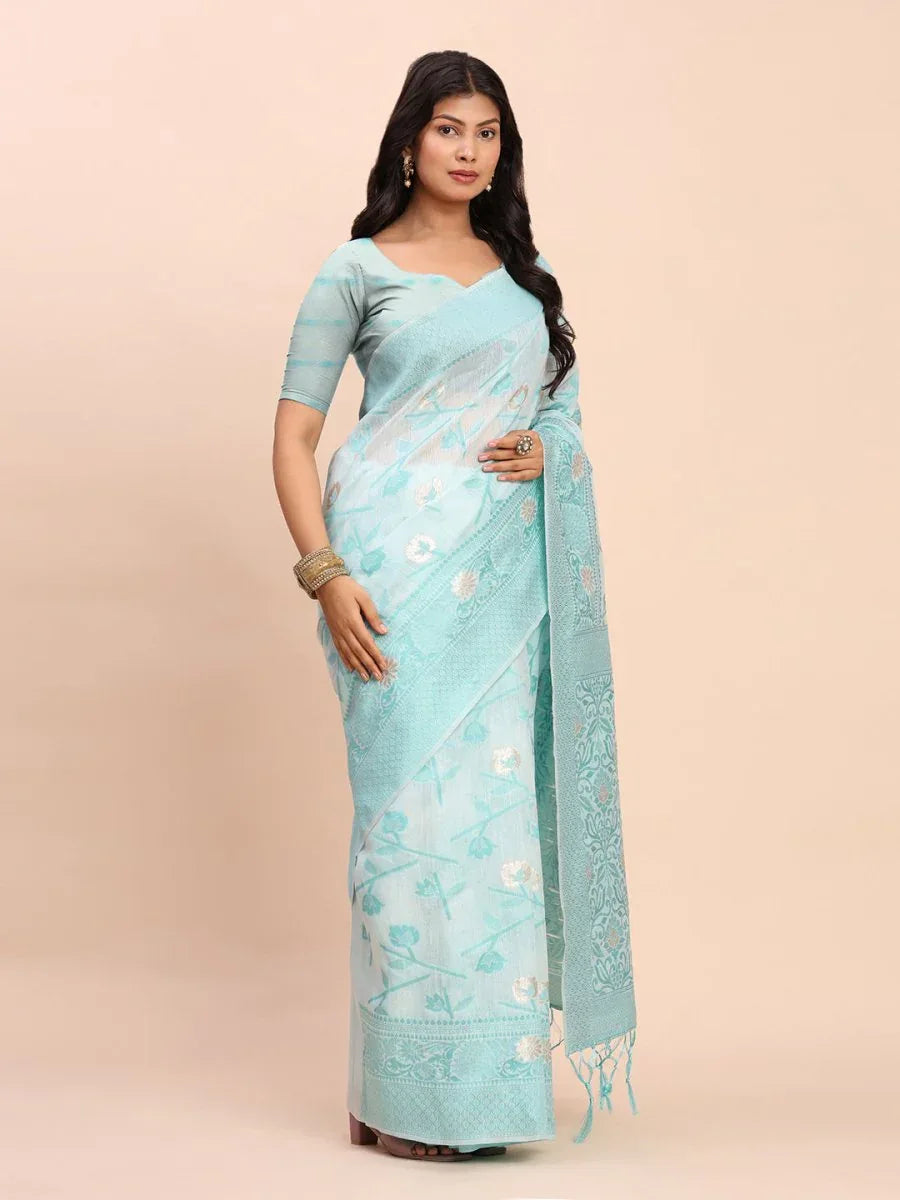 Sky Blue Linen Cotton Saree With Blouse Piece - EZBER