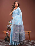 Sky Blue Linen Cotton Saree With Blouse Piece - EZBER