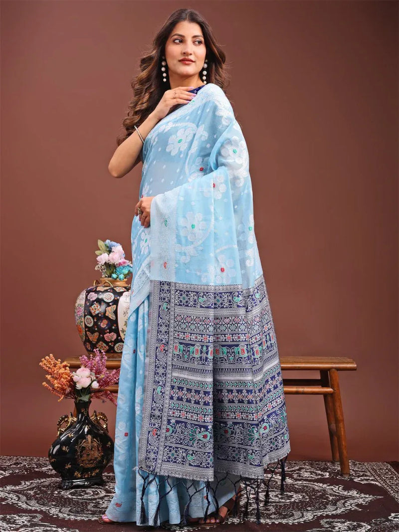 Sky Blue Linen Cotton Saree With Blouse Piece - EZBER
