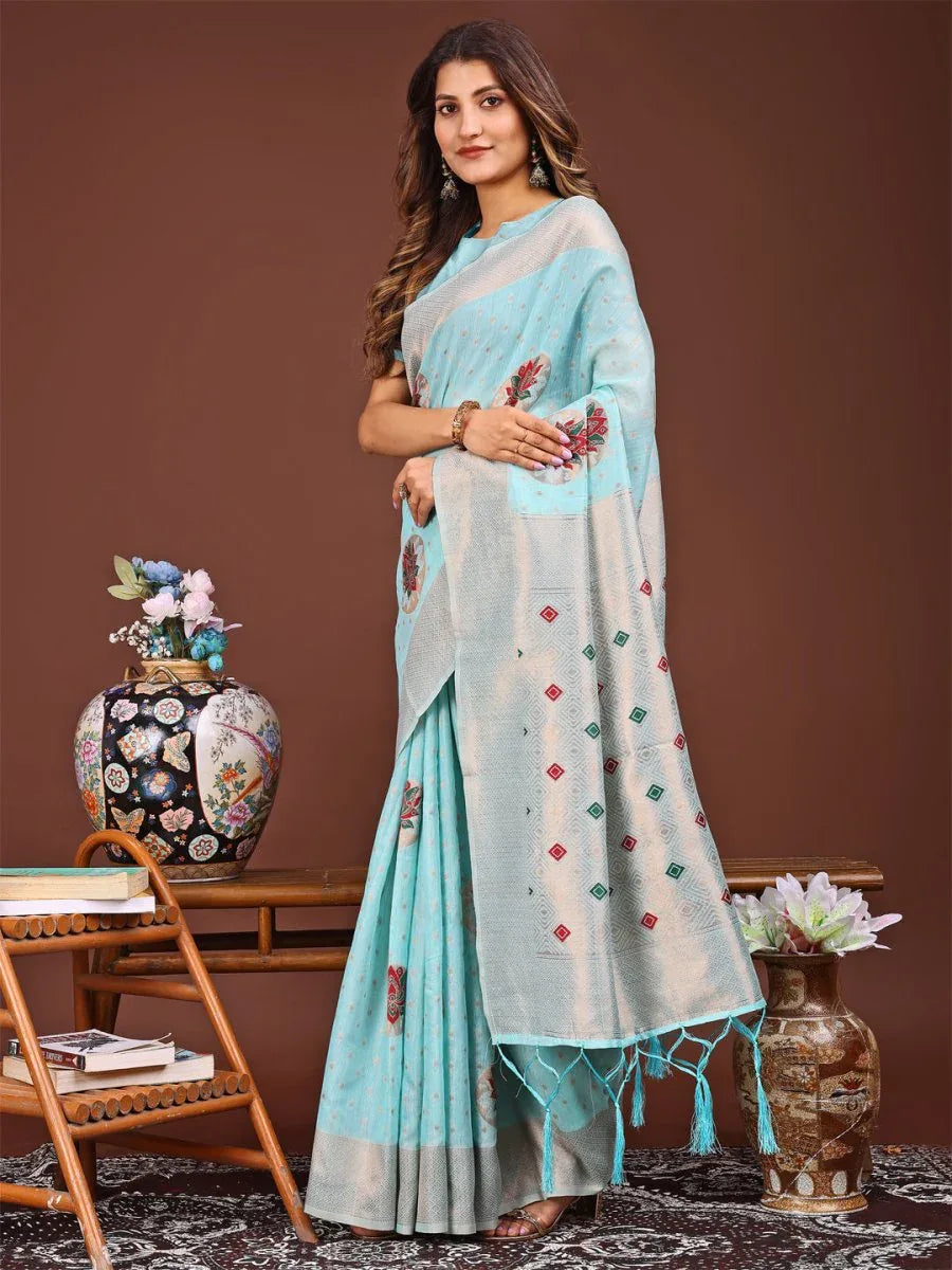 Sky Blue Linen Cotton Saree With Blouse Piece - EZBER