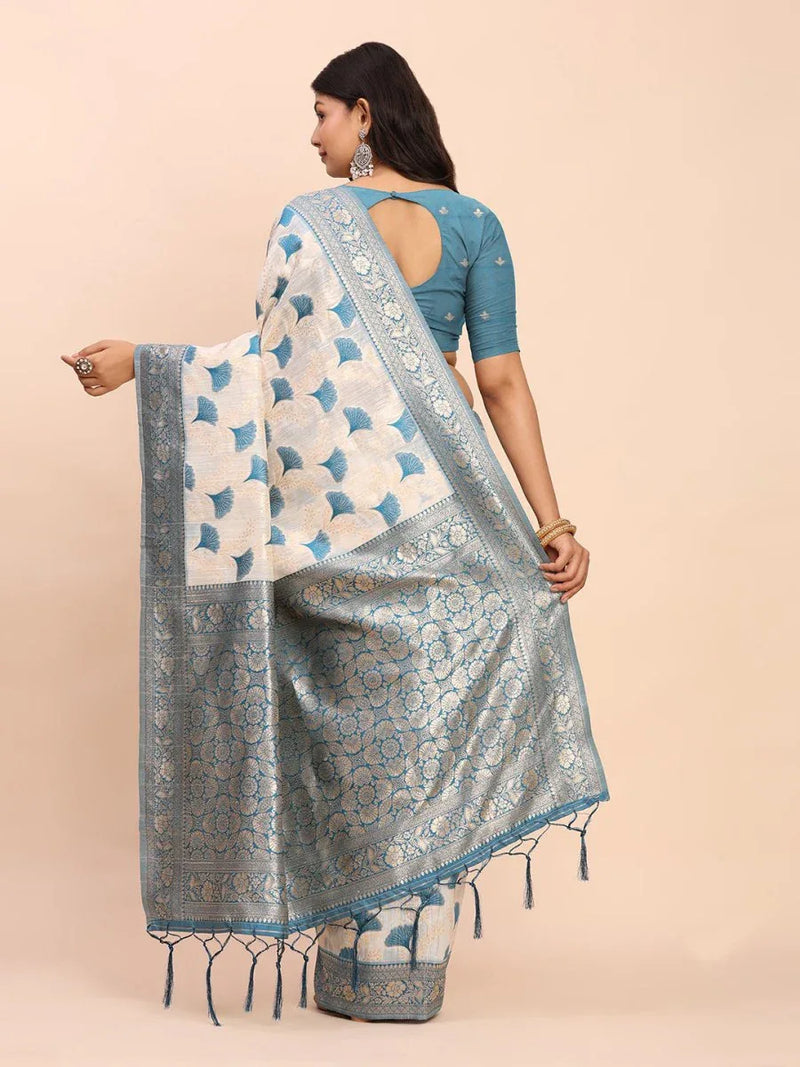 Sky Blue Linen Cotton Saree With Blouse Piece - EZBER