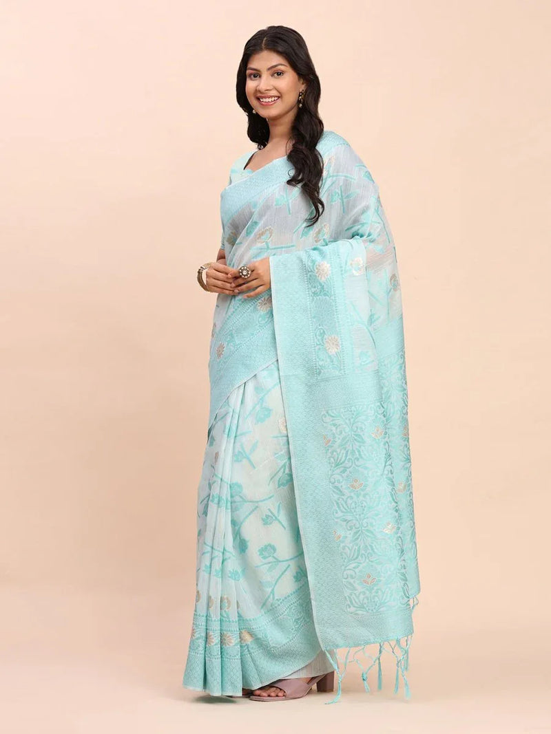 Sky Blue Linen Cotton Saree With Blouse Piece - EZBER