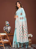 Sky Blue Linen Cotton Saree With Blouse Piece - EZBER