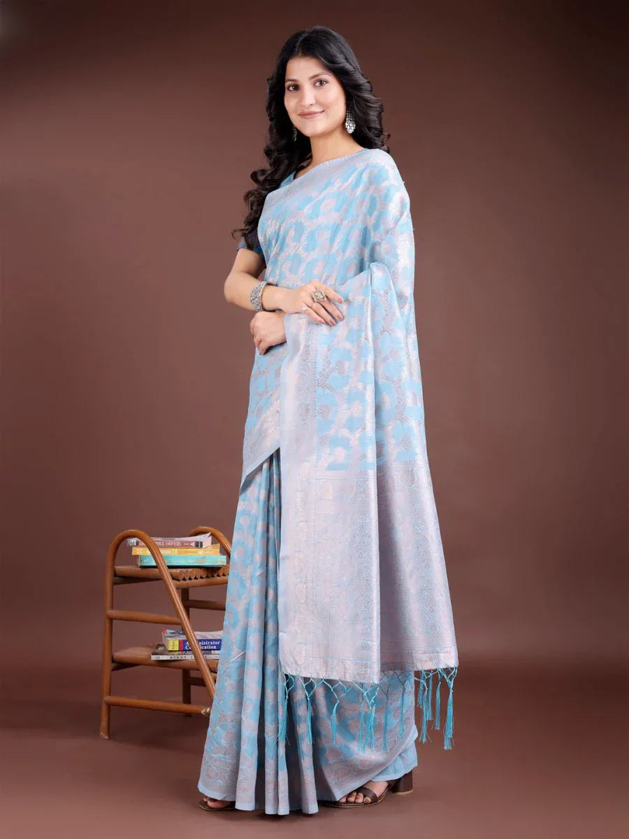 Sky Blue Linen Cotton Saree With Blouse Piece - EZBER