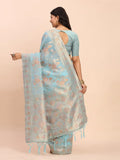 Sky Blue Linen Cotton Saree With Blouse Piece - EZBER
