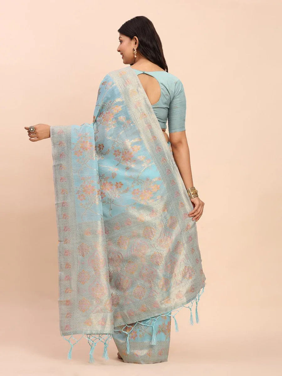 Sky Blue Linen Cotton Saree With Blouse Piece - EZBER