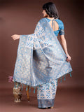 Sky Blue Linen Cotton Saree With Blouse Piece - EZBER