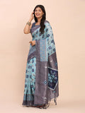 Sky Blue Linen Cotton Saree With Blouse Piece - EZBER
