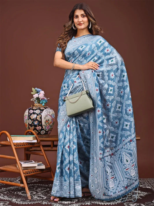 Sky Blue Linen Cotton Saree With Blouse Piece - EZBER
