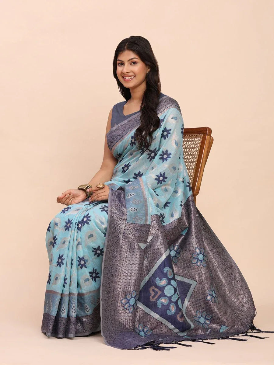 Sky Blue Linen Cotton Saree With Blouse Piece - EZBER
