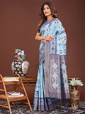 Sky Blue Linen Cotton Saree With Blouse Piece - EZBER