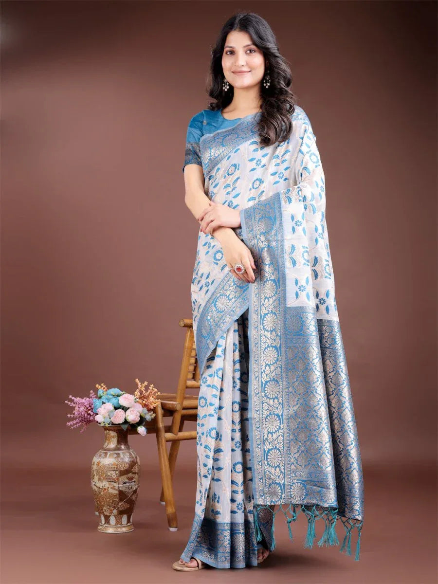 Sky Blue Linen Cotton Saree With Blouse Piece - EZBER