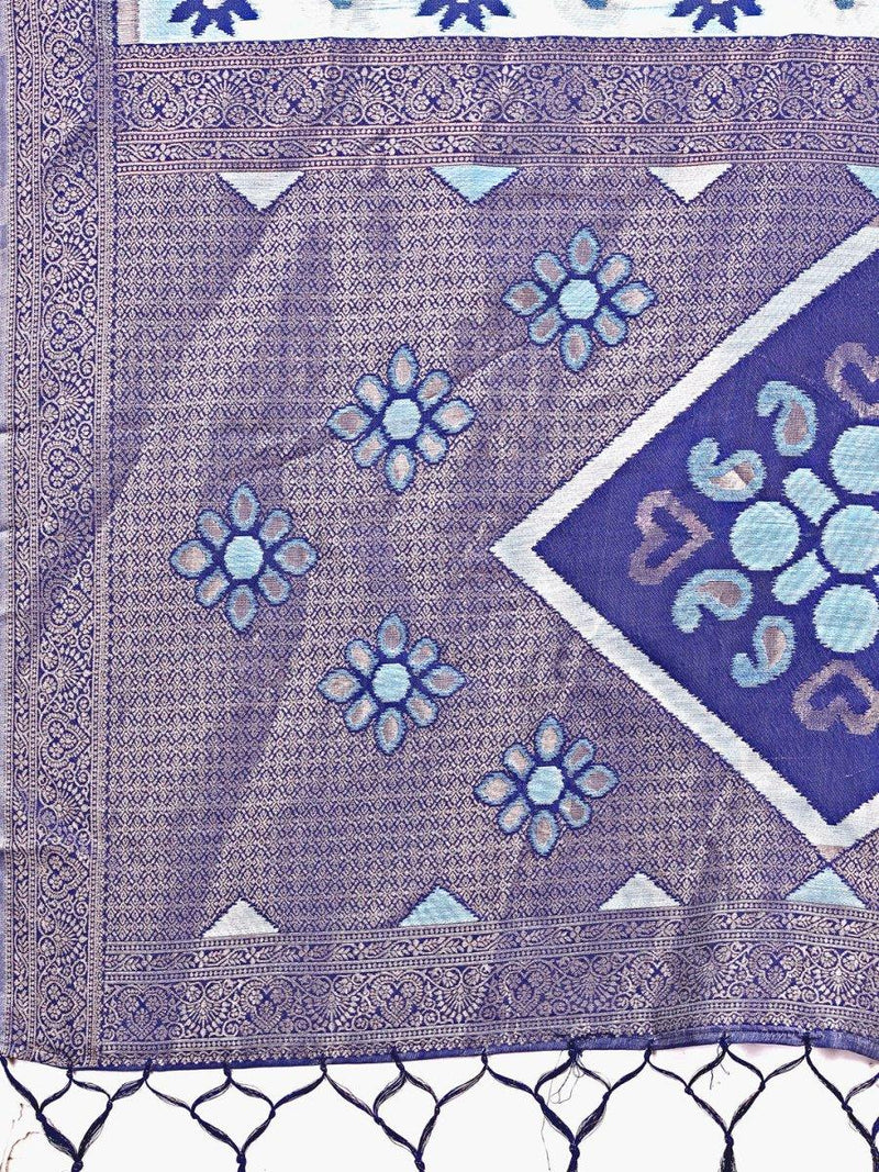 Sky Blue Linen Cotton Saree With Blouse Piece - EZBER