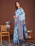 Sky Blue Linen Cotton Saree With Blouse Piece - EZBER