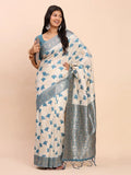 Sky Blue Linen Cotton Saree With Blouse Piece - EZBER