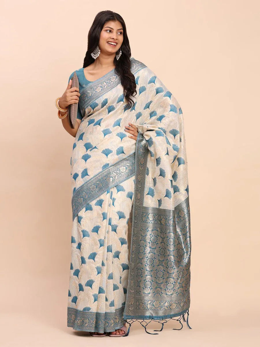 Sky Blue Linen Cotton Saree With Blouse Piece - EZBER