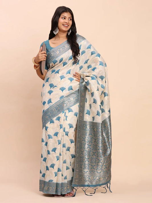 Sky Blue Linen Cotton Saree With Blouse Piece - EZBER
