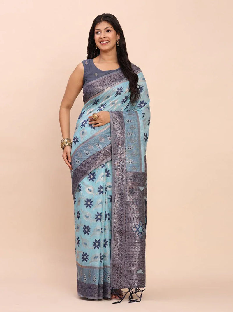 Sky Blue Linen Cotton Saree With Blouse Piece - EZBER