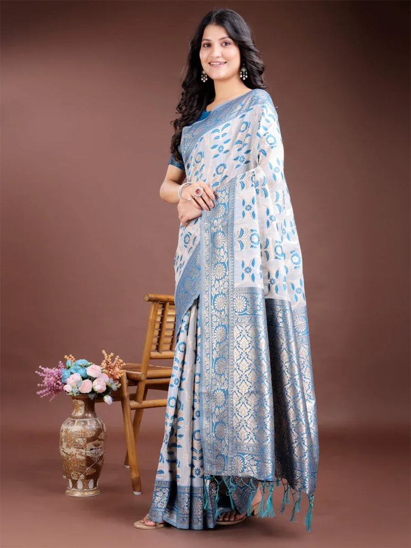 Sky Blue Linen Cotton Saree With Blouse Piece - EZBER