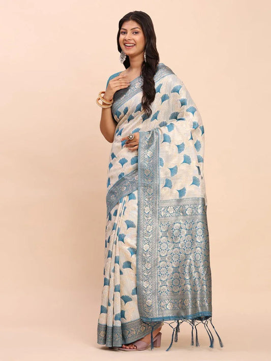 Sky Blue Linen Cotton Saree With Blouse Piece - EZBER