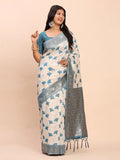 Sky Blue Linen Cotton Saree With Blouse Piece - EZBER