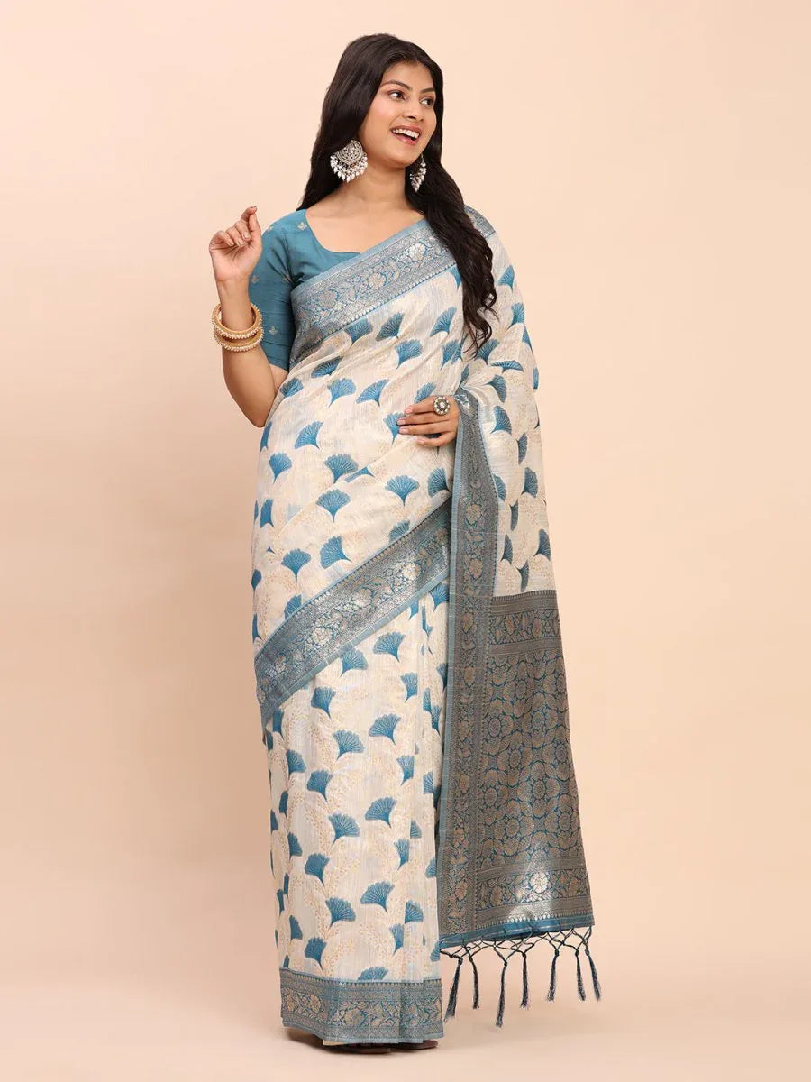 Sky Blue Linen Cotton Saree With Blouse Piece - EZBER