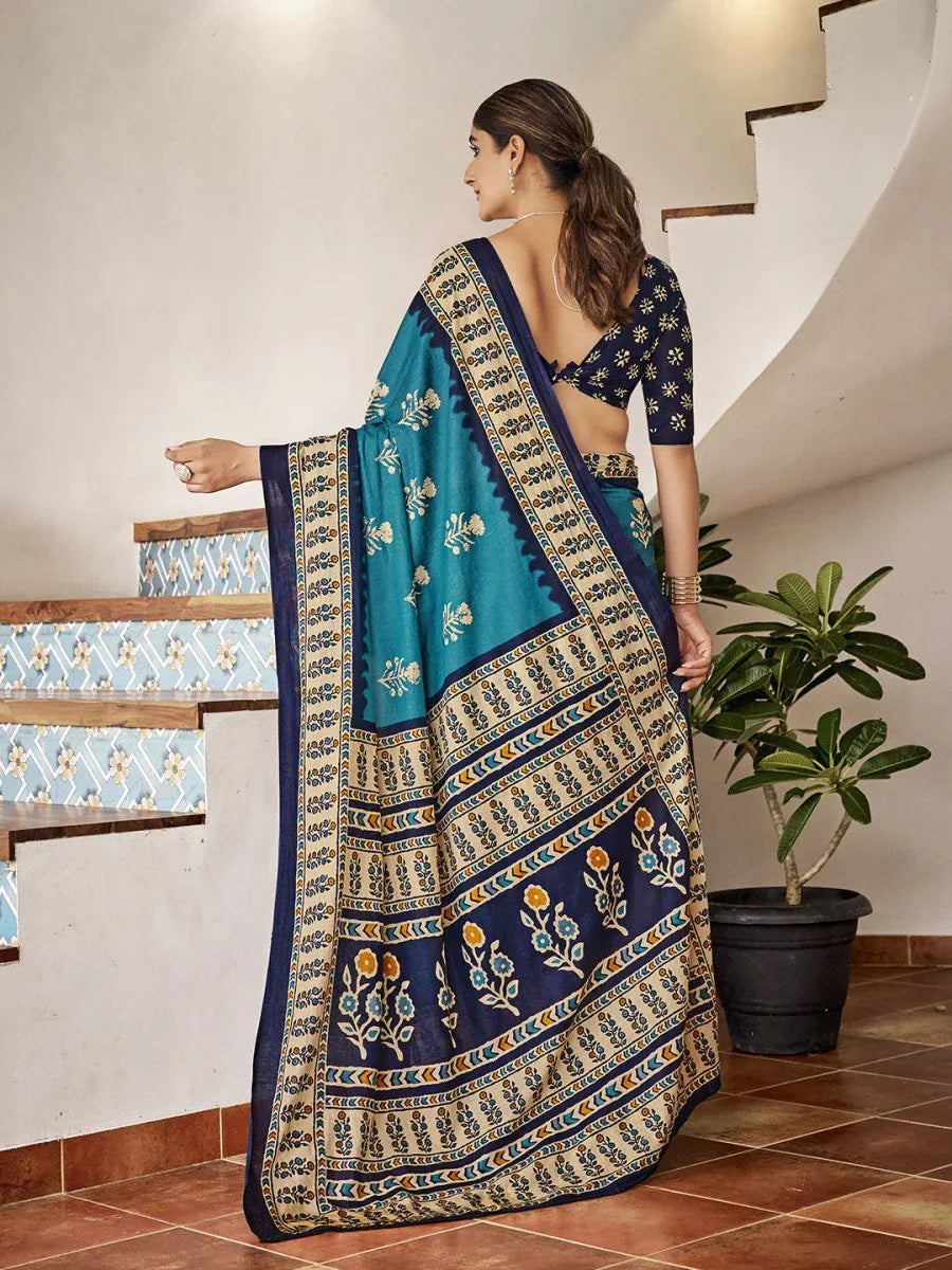 Sky Blue Mulmul Cottons Saree With Blouse Piece - EZBER