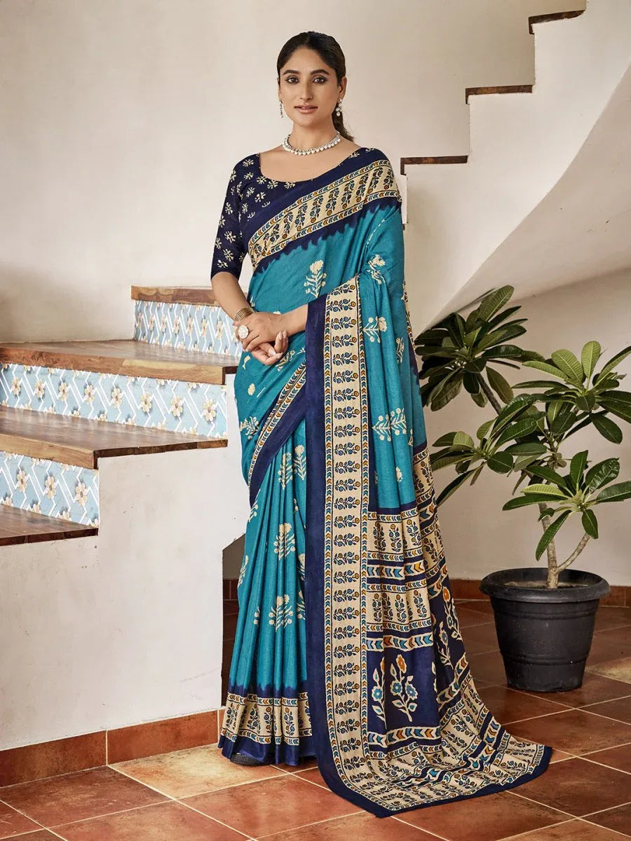 Sky Blue Mulmul Cottons Saree With Blouse Piece - EZBER
