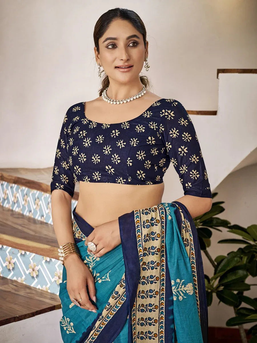 Sky Blue Mulmul Cottons Saree With Blouse Piece - EZBER