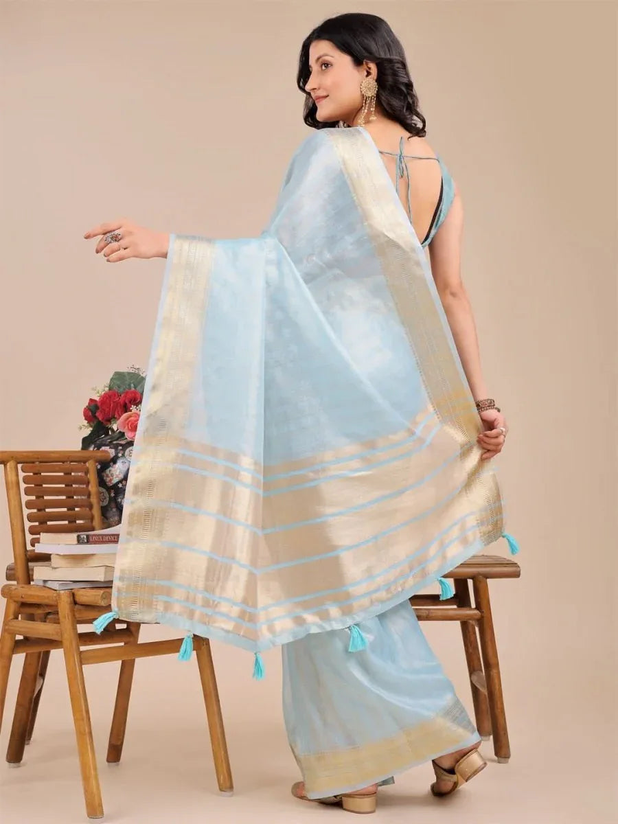Sky Blue Organza Saree With Blouse Piece - EZBER