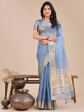 Sky Blue Organza Saree With Blouse Piece - EZBER