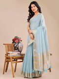 Sky Blue Organza Saree With Blouse Piece - EZBER
