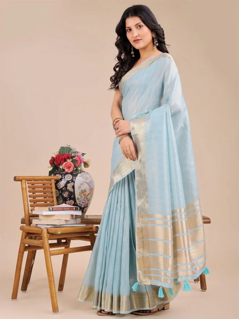 Sky Blue Organza Saree With Blouse Piece - EZBER