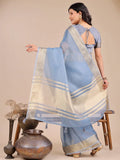 Sky Blue Organza Saree With Blouse Piece - EZBER