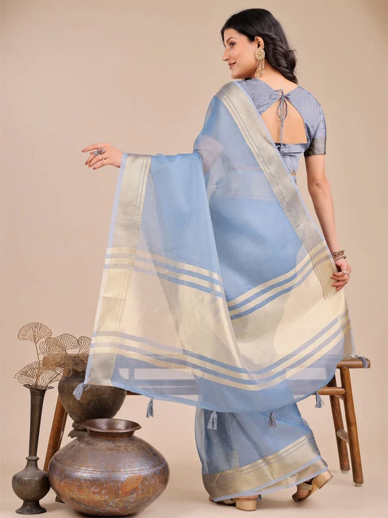 Sky Blue Organza Saree With Blouse Piece - EZBER