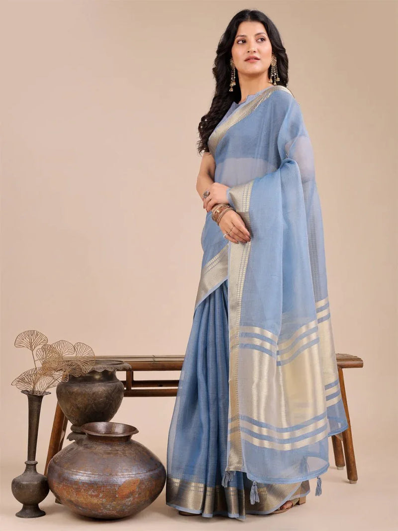 Sky Blue Organza Saree With Blouse Piece - EZBER