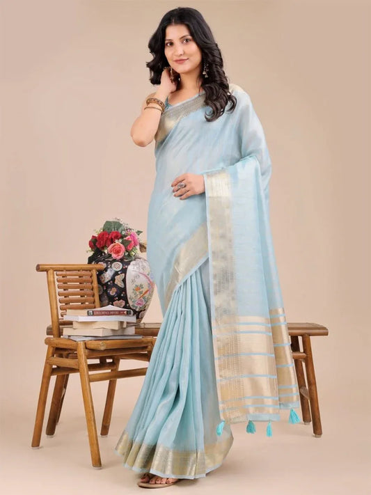 Sky Blue Organza Saree With Blouse Piece - EZBER