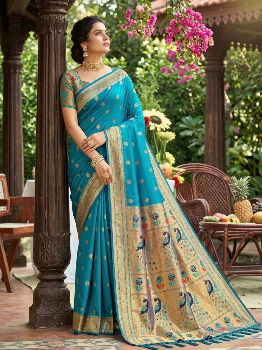 Sky Blue Silk Blend Handloom Saree | EZB SI04 SUPAR1005 - EZBER