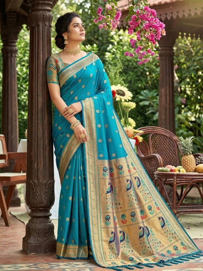 Sky Blue Silk Blend Handloom Saree | EZB SI04 SUPAR1005 - EZBER