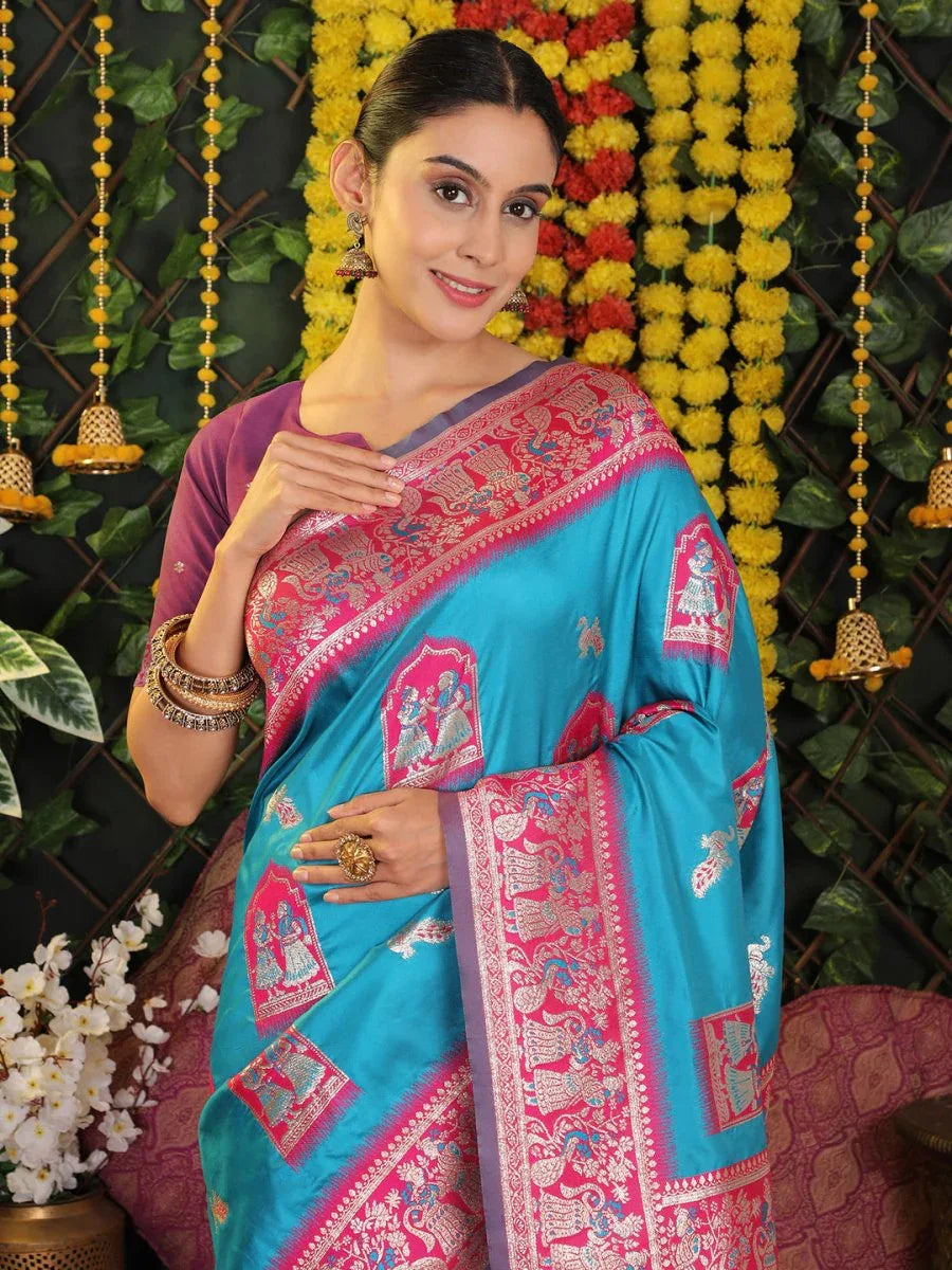 Sky Blue Silk Saree With Blouse Piece - EZBER