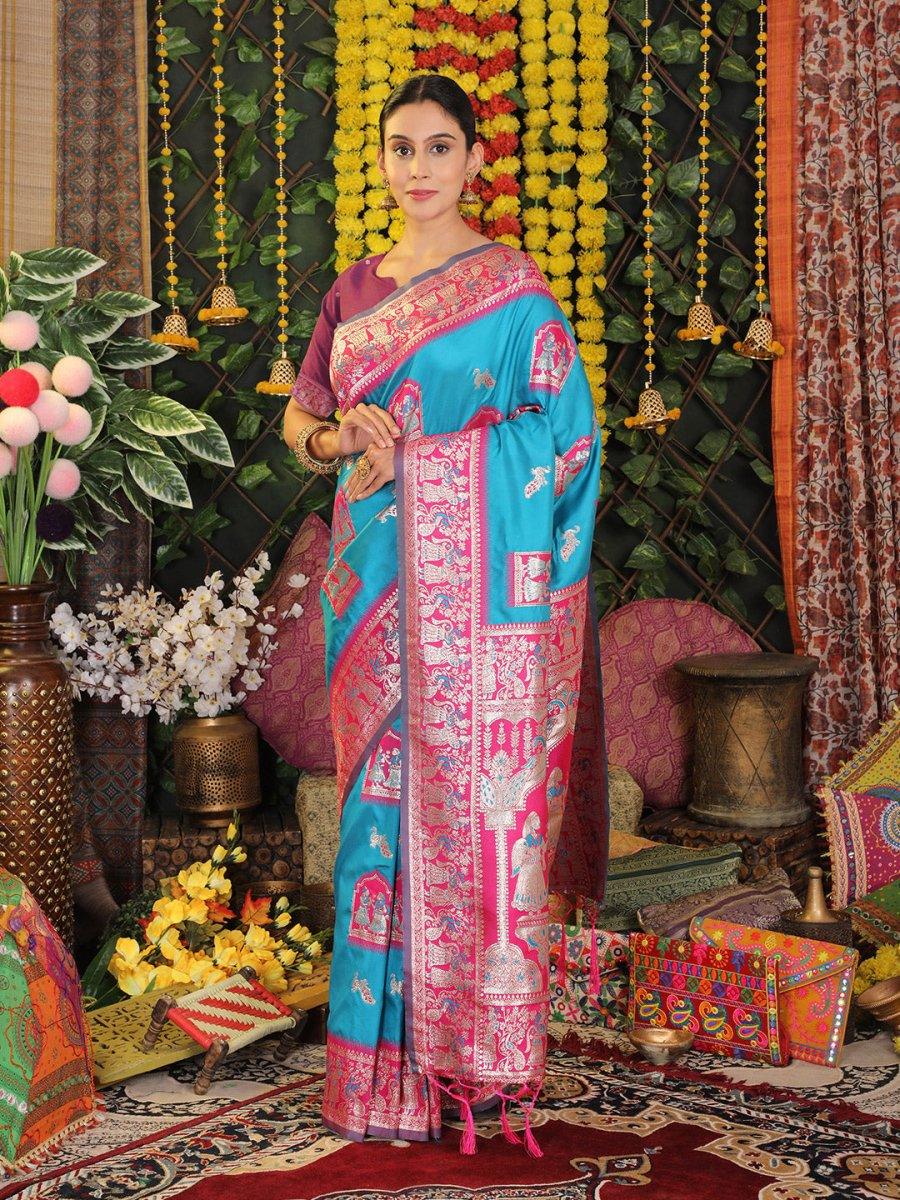 Sky Blue Silk Saree With Blouse Piece - EZBER