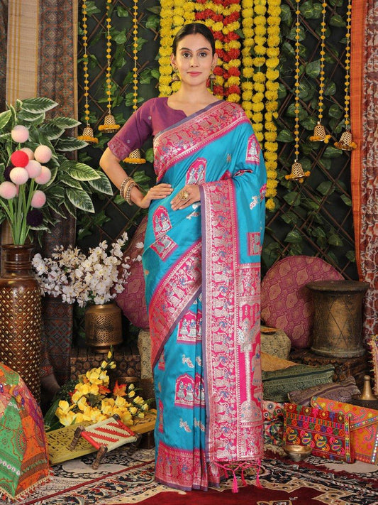 Sky Blue Silk Saree With Blouse Piece - EZBER