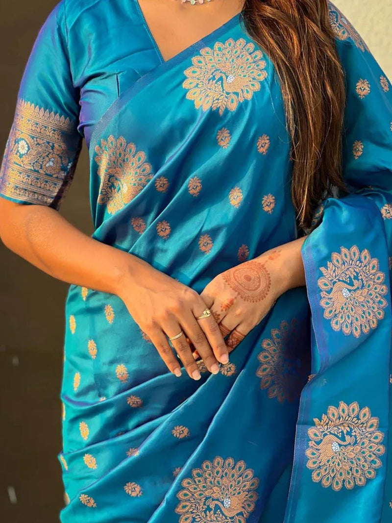Sky Blue Soft silk Saree With Blouse Piece - EZBER