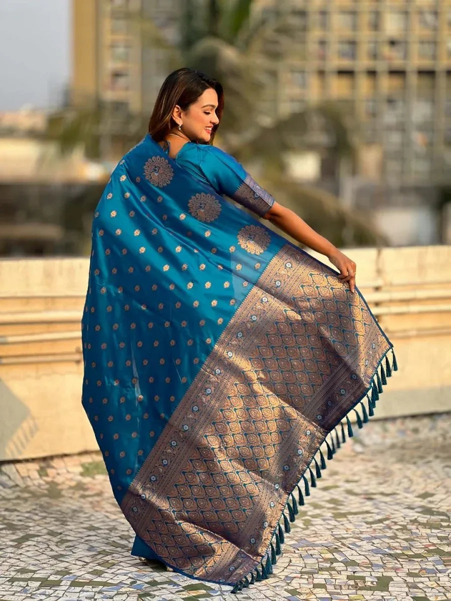 Sky Blue Soft silk Saree With Blouse Piece - EZBER