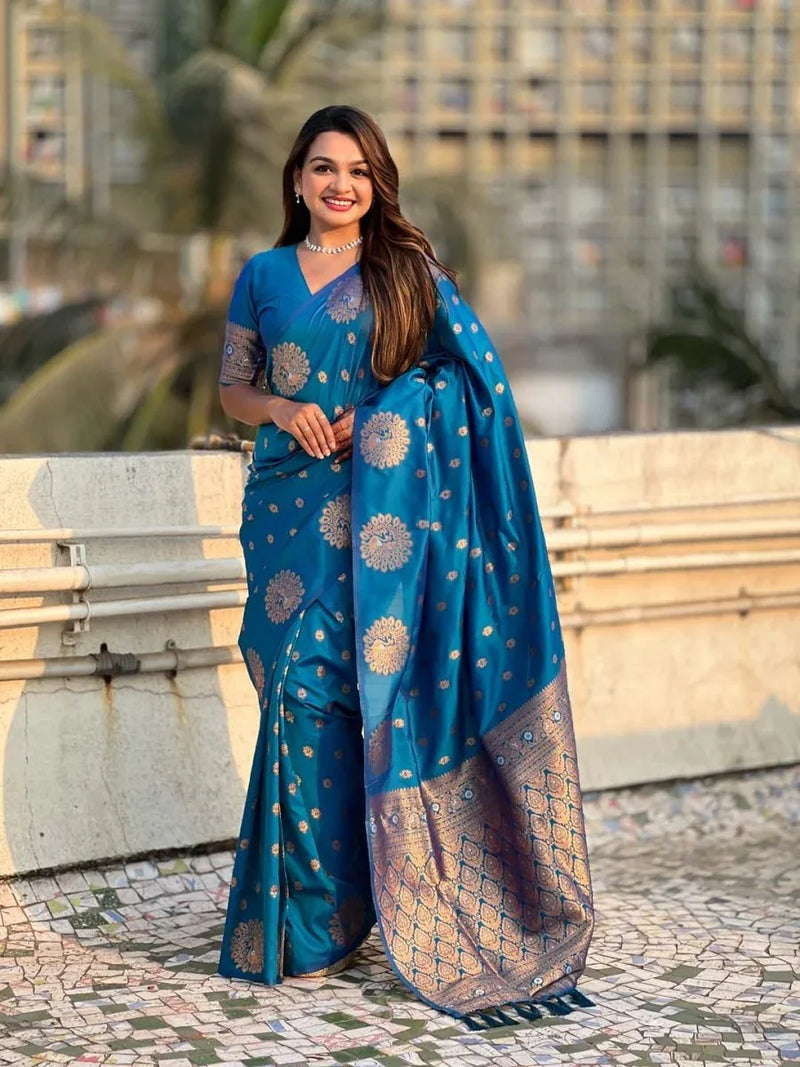 Sky Blue Soft silk Saree With Blouse Piece - EZBER