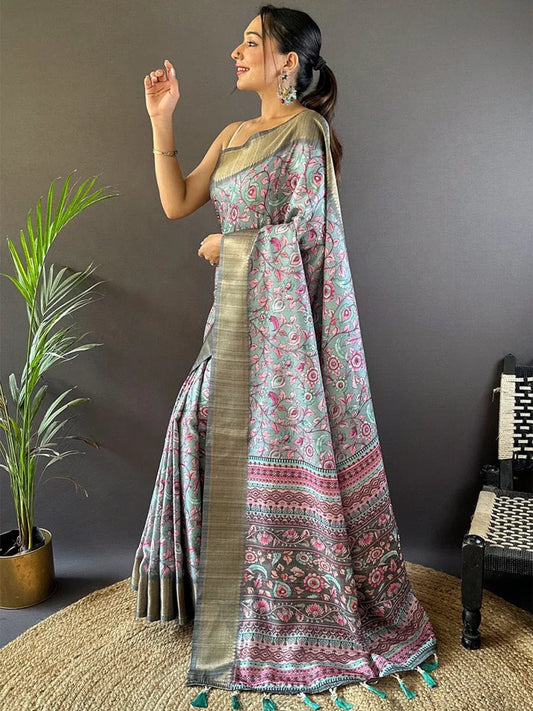 Sky Blue Tussar Silk Saree With Blouse Piece - EZBER