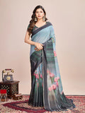 Sky Linen Blend Saree With Blouse Piece - EZBER